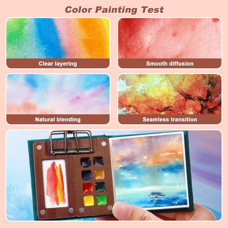 XWT Mini Watercolor Paint Set, Portable Travel Art Kit with Wooden Palette, 8 Color Pigments, Watercolor Pad, Water Brush Pens and Accessories for Artists - Image 3